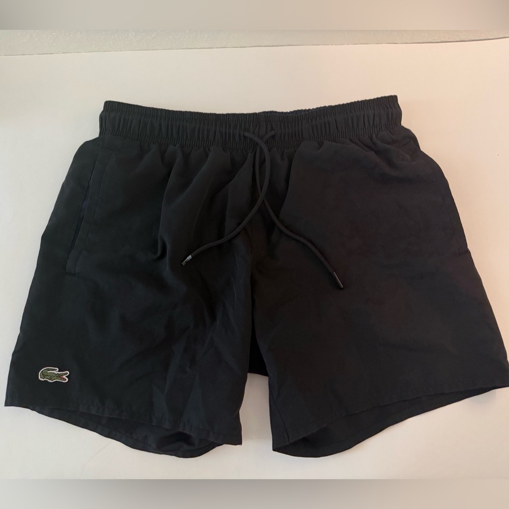 Lacoste Men Small Swim Trunk Shorts Black Embroidered logo 5 inch inseam